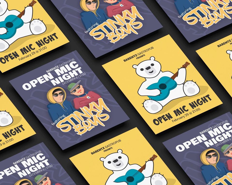 Examples of posters for Open Mic Night at Barentz pub. Check out my portfolio at www.dribbble.com/jbstrumpa